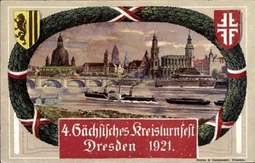 Passepartout Wappen Ak Dresden, 4. Sächsisches Kreisturnfest 1921, Friedrich August Brücke