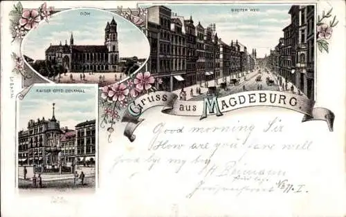 Litho Magdeburg an der Elbe, Breiter Weg, Dom, Kaiser Otto Denkmal