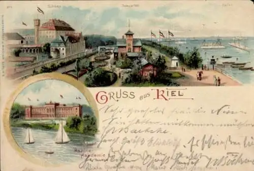 Litho Kiel in Schleswig Holstein, Hafen, Seegarten, Marineakademie, Schloss