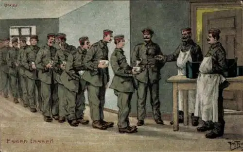 Künstler Ak Thiele, Arthur, Essen fassen, Soldaten