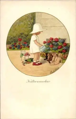 Künstler Ak Ebner, Pauli, Kind mit Gießkanne, Puppen