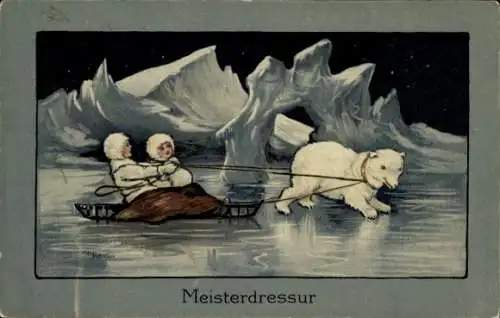 Künstler Ak Meisterdressurd, Eisbär zieht einen Schlitten