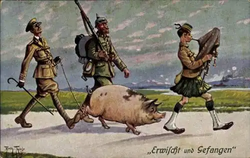 Künstler Ak Thiele, A., Erwischt und gefangen, Kriegsgefangene, Schotte, Schwein