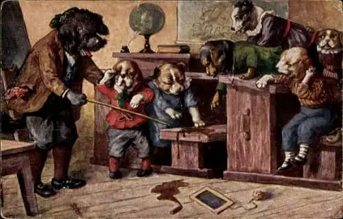 Künstler Ak Thiele, Arthur, Vermenschlichte Hunde, Schwerverbrecher, Schulklasse, Lehrer