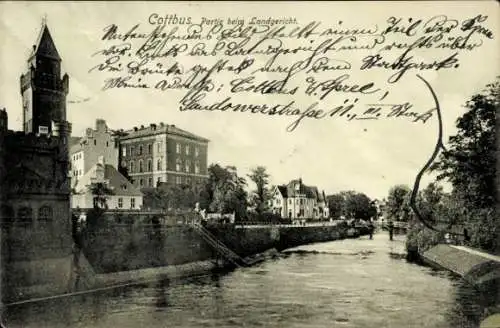 Ak Cottbus in der Niederlausitz, Bild einer Stadtansicht, Fluss, Brücke, Gebäude, Uhrturm