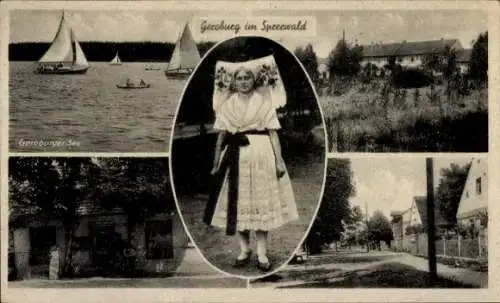 Ak Lübbenau im Spreewald, Geroburger See, Frauen in traditioneller Kleidung, Segelboote