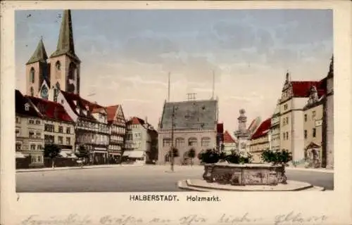 Ak Halberstadt am Harz, Vorderansicht Holzmarkt, Kirche, Brunnen, Fachwerkhäuser