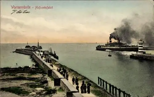 Ak Ostseebad Warnemünde Rostock, Hafeneinfahrt, Hafenansicht, Dampfer, Leuchtturm, Küstenlinie