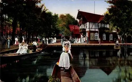 Ak Wotschofska Lübbenau Spreewald, Restaurant Wotschofska, Frauen in Spreewälder Tracht