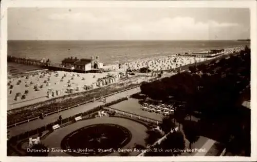 Ak Ostseebad Zinnowitz auf Usedom, Ostseebad Zinnowitz, Strand, Gartenanlagen, Blick auf Schwebes