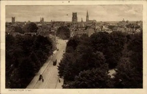 Ak Münster in Westfalen, Blick über Stadt, Türme, Bäume, Straßen,  Gebäude