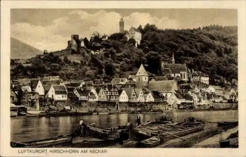 Ak Hirschhorn am Neckar Hessen, Luftkurort  malerische Stadtansicht, Fluss mit Booten