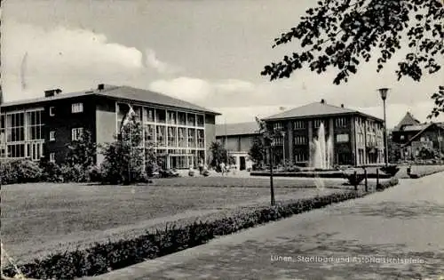 Ak Lünen in Westfalen, Stadtbad, Astoria Lichtspiele, Gebäude, Wasserfälle, Park, Bäume