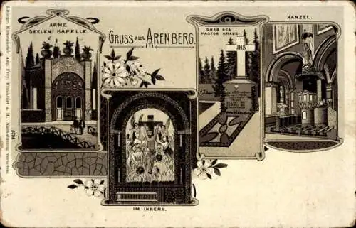 Ak Arenberg Koblenz am Rhein, Arme Seelen Kapelle, Grab des Pastor Kraus, Kanzel, Im Innern