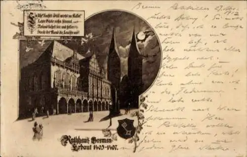 Ak Schnoor Bremen, Rathaus  Erbaut 1405-1407, nächtliche Szenerie, Mondschein