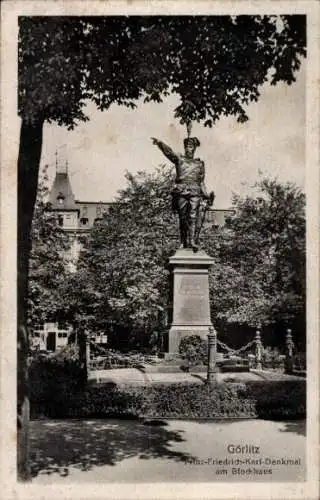 Ak Görlitz in der Lausitz, Statue, Prinz-Friedrich-Karl-Denkmal, am Blockhaus, Bäume, Platz