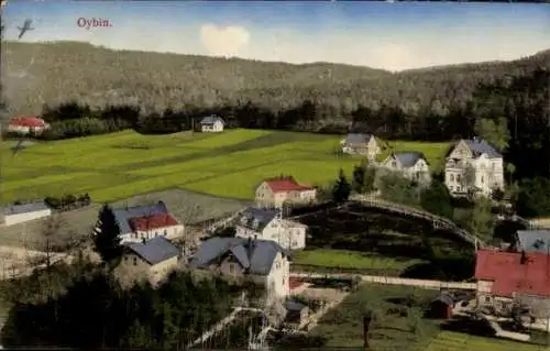 Ak Oybin in der Oberlausitz, Landschaft mit Häusern, Wäldern, Hügel, farbenfrohe Darstellung, ruh