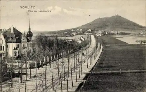 Ak Görlitz in der Lausitz,  Blick zur Landeskrone, Stadtansicht, Strasse mit Bäumen