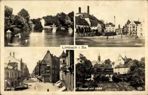 Ak Limbach Oberfrohna in Sachsen, Stadtpark, Markt, Straße, Ritterguf und Kirche, 1510