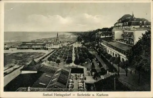Ak Ostseebad Heringsdorf auf Usedom, Seebad  Seebrücke, Kurhaus, Strandpromenade