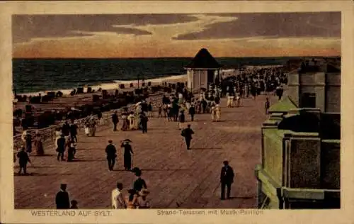 Ak Westerland auf Sylt, Strand-Terassen, Musik-Pavillon, Menschen, Küstenblick