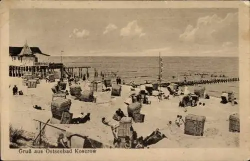 Ak Ostseebad Koserow auf Usedom, Strand, Badegäste, Strandkörbe, Hoteleingang, Ostsee