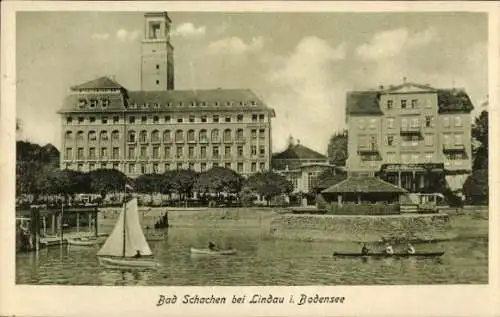 Ak Bad Schachen Lindau am Bodensee Schwaben, Strandlandschaft, Hotel, Segelboot, Bodensee
