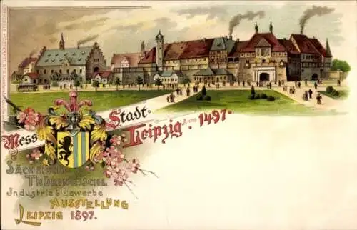 Ak Leipzig, Stadtansicht Leipzig 1497, Ausstellungssymbolik,  Architektur