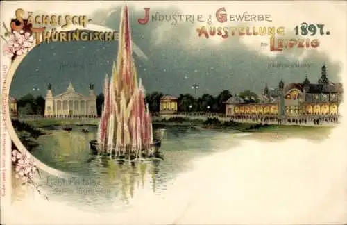 Ak Leipzig, Industrie & Gewerbe Ausstellung 1897, Lichtfontäne, Teather, Farbenfroh