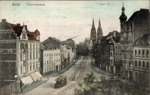 Ak Köln am Rhein, Blick auf die Gereonstrasse, Kölner Dom im Hintergrund, Straßenbahn