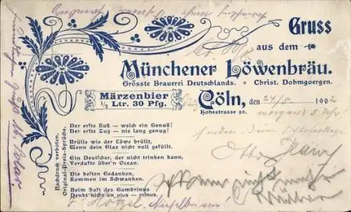 Ak Köln am Rhein, Münchener Löwenbräu, Brauerei, Märzenbier