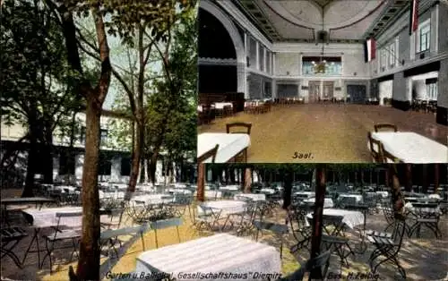 Ak Diemitz Halle an der Saale, Saal, Garten u. Balliokal, Gesellschaftshaus  Innenansicht, Tische