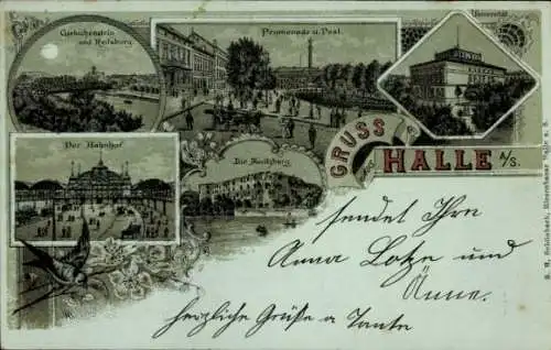Ak Giebichenstein Halle an der Saale, Universität, Giebichenstein, Promenade u. Post, Der Bahnhof