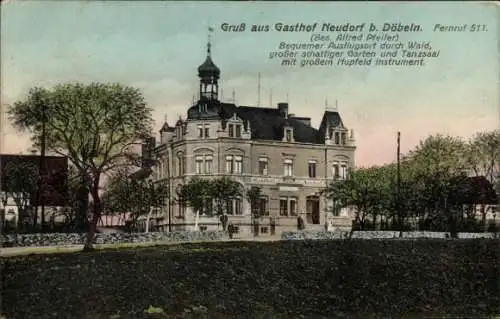 Ak Neudorf Döbeln in Sachsen, Gasthof Neudorf, schattiger Garten, Tanzsaal, Hupfeld Instrument