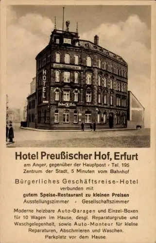 Ak Erfurt in Thüringen, Hotel Preußischer Hof, Restaurant, Auto-Garagen, Zentrum der Stadt