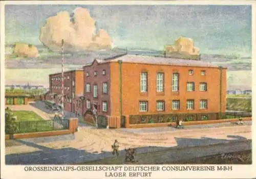 Ak Erfurt in Thüringen, Gebäude der GROSSEINKAUFS-GESELLSCHAFT, farbige Illustration, Wolken