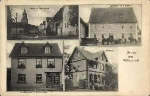 Ak Ilmtal Weinstraße Weimarer Land, Gasthof zu Willerstedt, Kirche, Molkerei, Geschäft