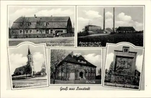 Ak Lunstädt Braunsbedra, Gewerkschaft Gute Hoffnung, Kirche, Kriegerdenkmal, Geschäft Wagner, Schule