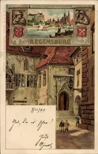Künstler Ak Regensburg an der Donau Oberpfalz, Teilansicht, Kirchenportal