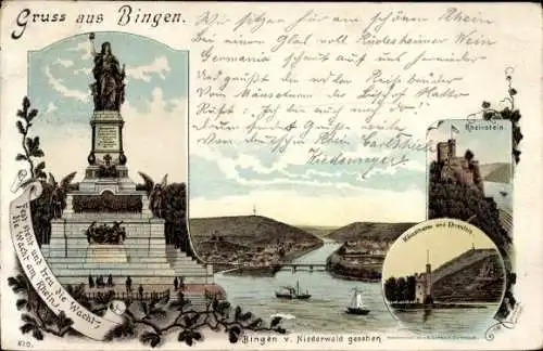 Litho Bingen am Rhein, Niederwalddenkmal, Rheinstein, Mäuseturm, Ehrenfels