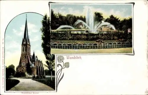 Ak Hamburg Wandsbek, Kirche, Springbrunnen