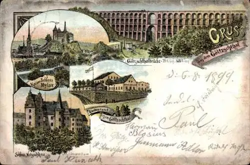 Litho Mylau Reichenbach im Vogtland, Göltzschtalbrücke, Schloss Netzschkau, Restaurant
