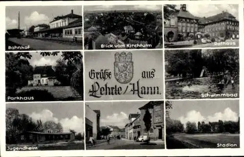 Ak Lehrte in Niedersachsen, Bahnhof, Stadion, Jugendheim, Parkhaus, Rathaus, Schwimmbad