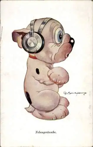 Künstler Ak Nebengeräusche, Humor, Hund mit Kopfhörer