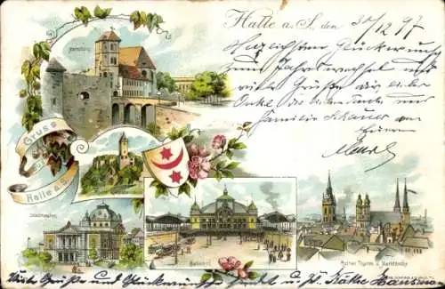 Litho Halle an der Saale, Moritzburg, Stadttheater, Bahnhof, Ruine Giebichenstein, Kirche, Wappen
