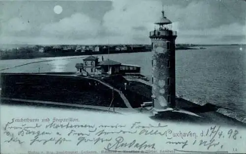 Mondschein Ak Cuxhaven in Niedersachsen, Leuchtturm, Meer, Ufer