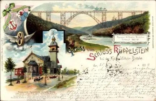 Wappen Litho Solingen in Nordrhein Westfalen, Schloss Küppelstein, Kaiser Wilhelm Brücke, Flügelrad