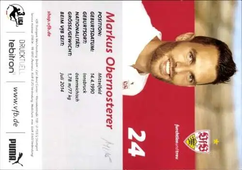Autogrammkarte Fußballer Markus Obernosterer, VFB Stuttgart, Autogramm