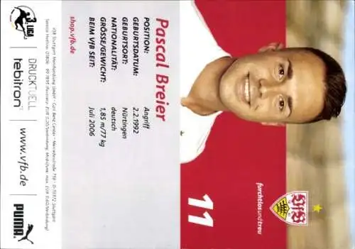 Autogrammkarte Fußballer Pascal Breier, VFB Stuttgart, Autogramm