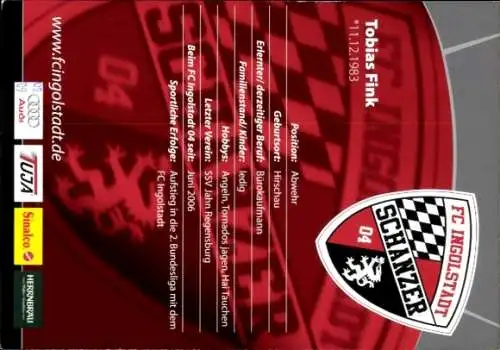 Autogrammkarte Fußballer Tobias Fink, FC Ingolstadt, Autogramm